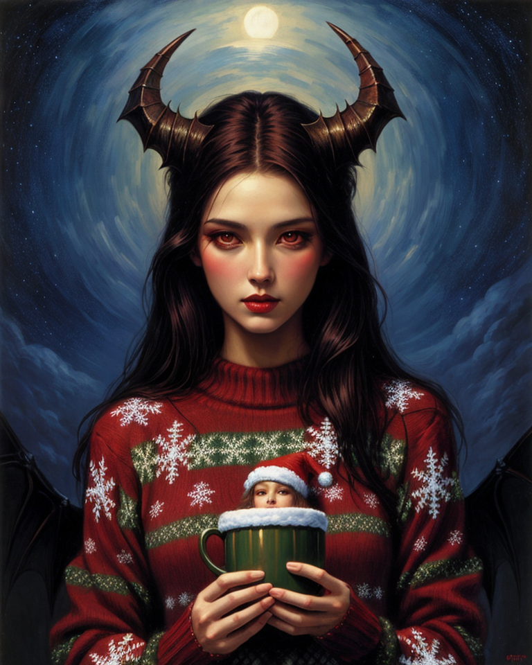 demon woman wearing a christmas sweater, upper body, art by gerald brom <lora:more_details:0.4>